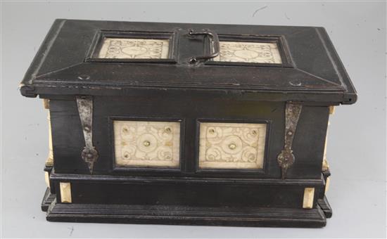 A 17th century Malines alabaster mounted ebonised casket, height 8.25in. with handle up 13.75in.